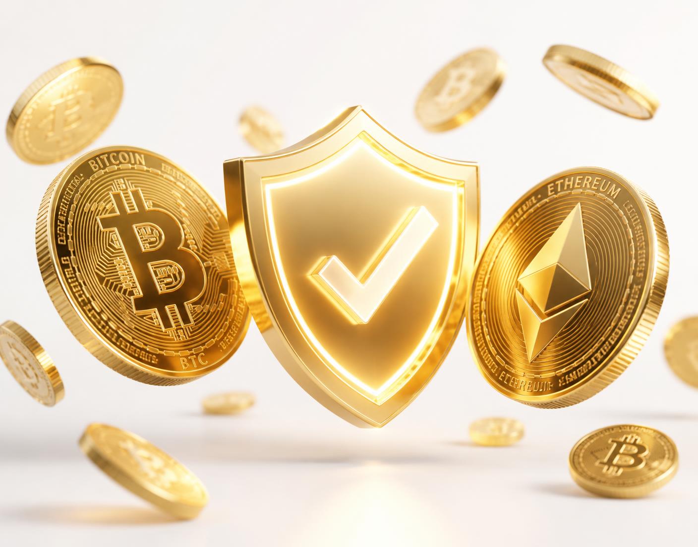 Golden verified shield with Bitcoin and Ethereum coins